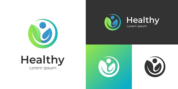 Логотип здорового образа жизни в современном стиле, векторный символ, дизайн иконки с концепцией логотипа листьев людей для здравоохранения, травяной медик, вегетарианец