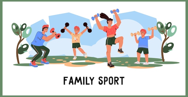 Здоровый образ жизни и семейные спортивные мероприятия концепция баннера или плаката плоский вектор изолирован