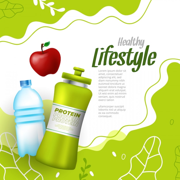 Healthy lifestyle banner with elements representing health