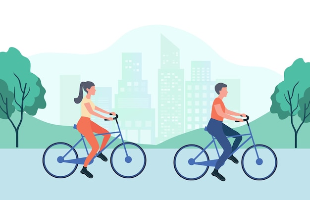 healthy lifestyle concept couple man and woman riding bicycle in park exercise activity outdoor