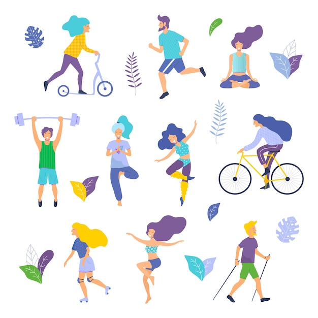 Vector healthy lifestyle. different physical activities: running roller skates dancing bodybuilding yoga fitness scooter nordic walking.