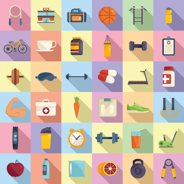 Healthy lifestyle icons set flat vector. diet food