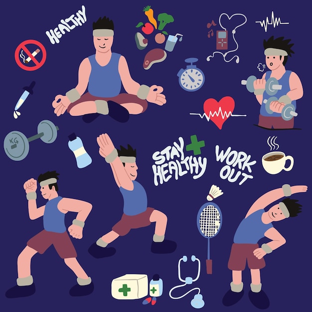 Vector healthy lifestyle illustration with hand drawn icon