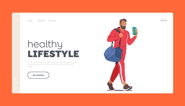 Healthy lifestyle landing page template man carrying a sports bag while walking to gym male leading active sports life