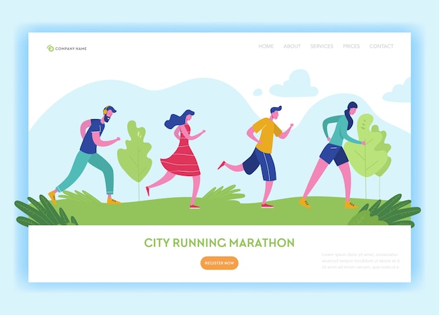 Healthy lifestyle landing page template. running people characters in the park, city marathon for web page and mobile website. easy to edit.