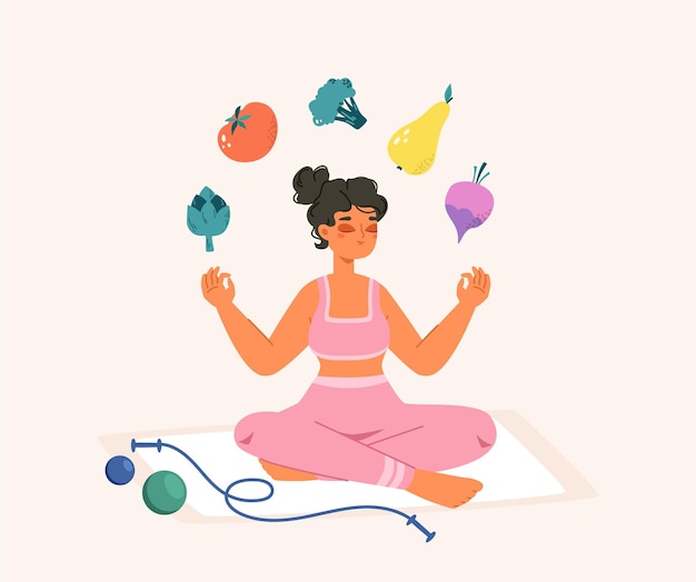 Vector healthy lifestyle raw food and sport girl meditation relax on rug with training tools yoga workout young woman eating vegetables and fruits vector scene