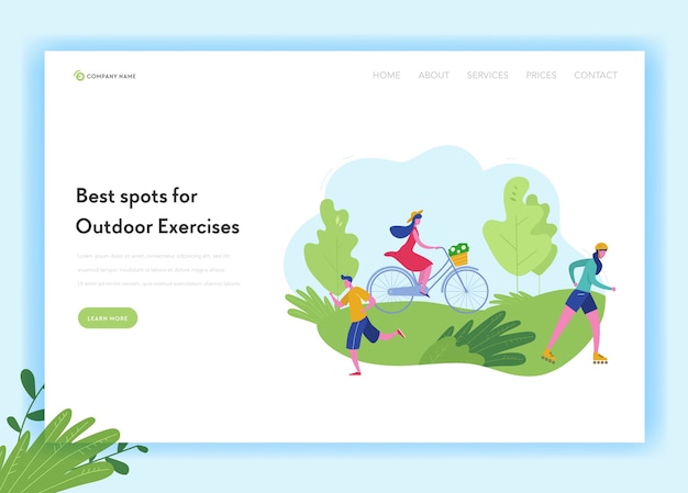 Healthy lifestyle sport people landing page template. sports and recreation concept with man and woman character riding bike, skiing, jogging in park for website, web page.