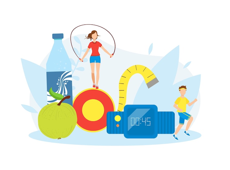 Vector healthy lifestyle tiny people doing exercises with sports equipment maintaining balanced diet vector