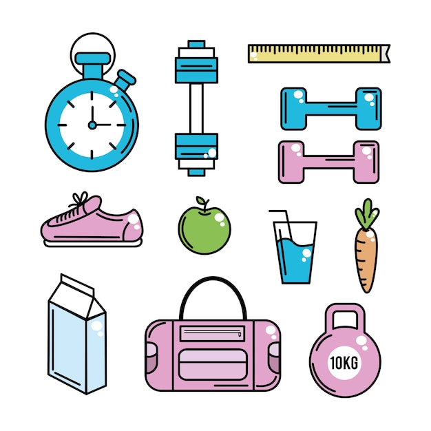 Vector healthy lifestyle tools icons to practice exercise