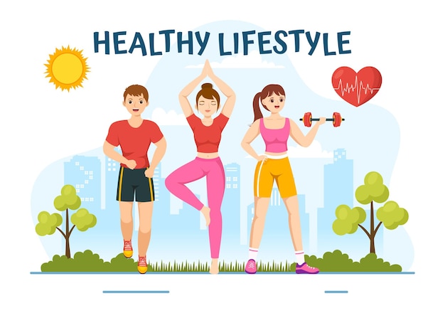 Vector healthy lifestyle vector illustration with organic vegetables or fruit and workout