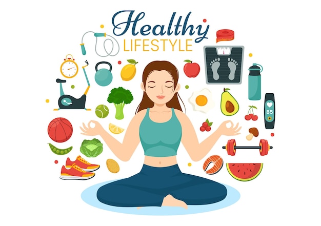 Вектор Векторная иллюстрация здорового образа жизни с органическими овощами или фруктами и тренировками