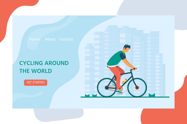 Healthy lifestyle with character riding bicycle. landing page design for cycling. modern vector illustration concept for websites. user interface ux, ui screen template for mobile smart phone.