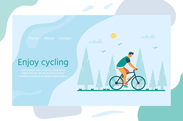 キャラクターが自転車に乗る健康的なライフスタイル。サイクリング用のランディングページのデザイン。ウェブサイトのモダンなベクトルイラストの概念。ユーザーインターフェイスux、モバイルスマートフォン用のui画面テンプレート。