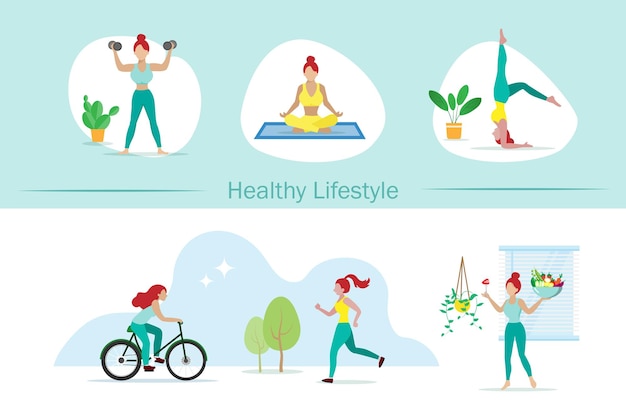 Healthy lifestyle woman fitness meditation yoga biking jogging and eat organic fresh vegetables