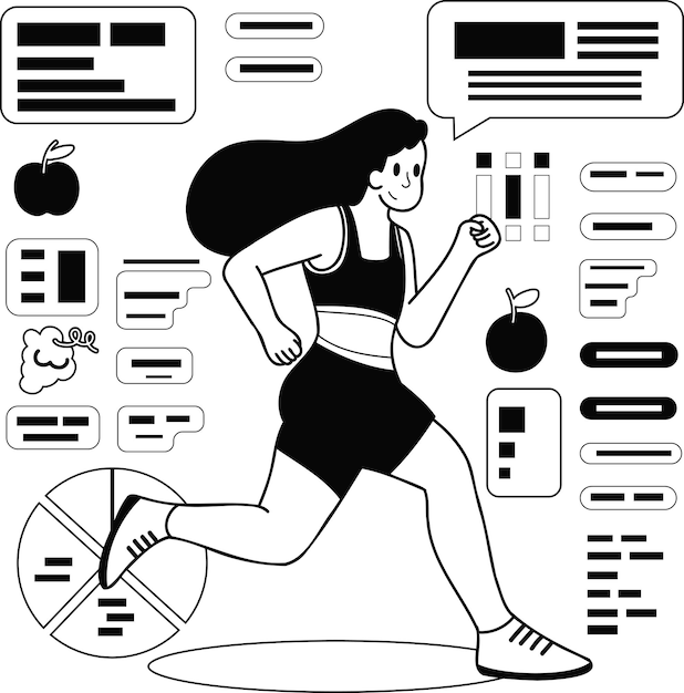 Healthy loving fitness girl running in the gym illustration in doodle style