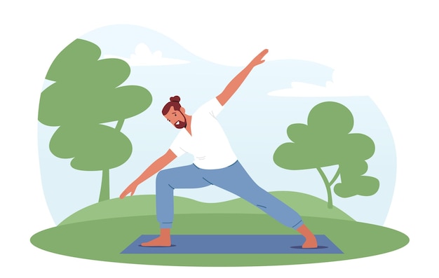 Uomo sano che fa yoga asana o esercizio aerobico in piedi sul tappetino nel parco estivo sullo sfondo del paesaggio naturale