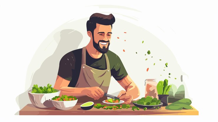 Vector healthy man smiling while cooking vegetable salad in kitchen