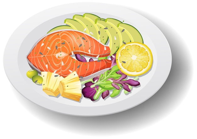 Healthy meal with salmon steak on white plate