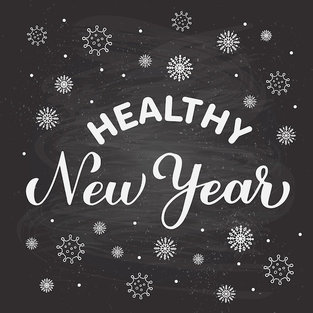 Healthy New Year calligraphy lettering on chalkboard background Funny pandemic quote Holidays typography poster Vector template for banner greeting card etc