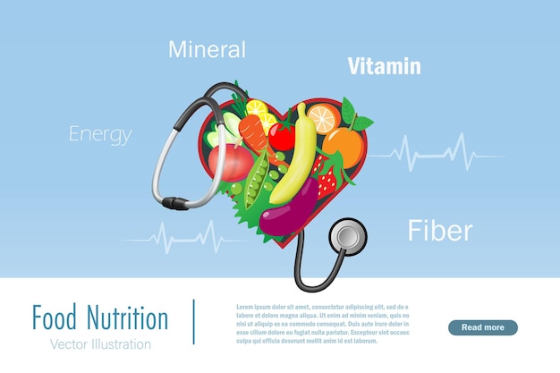 Вектор Здоровые пищевые продукты для сердца фрукты и овощи в форме сердца со стетоскопом холестеринная диета с употреблением чистых и органических фруктов для здоровья и благополучия пациента