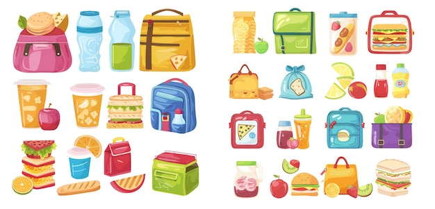 Vector healthy and nutritional food meals for kids breakfast in lunchbox plastic fruit bags of apples