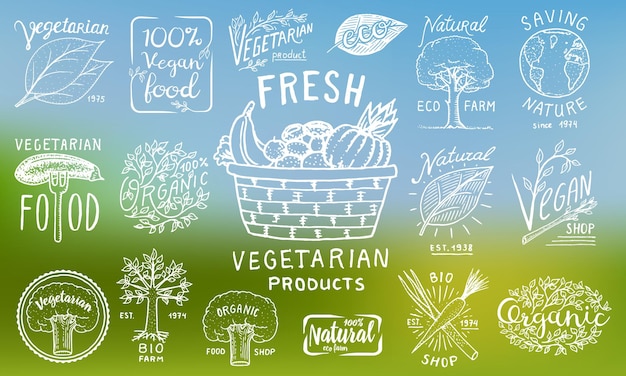 Healthy Organic food logos set or labels and elements for Vegetarian and Farm green natural vegetables products vector illustration badges healthy life engraved hand drawn in old sketch