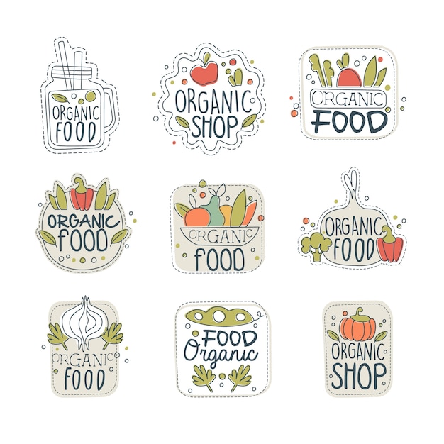 Healthy organic vegan food logo set in different shapes