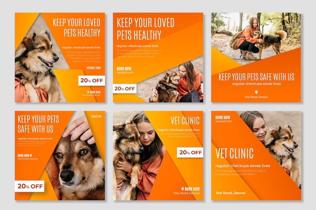 Вектор Посты в инстаграмм ветеринарной клиники healthy pets