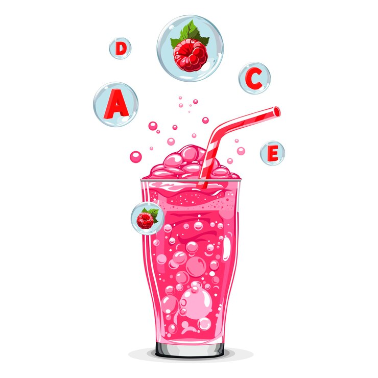 Vector healthy pink raspberries oxygen cocktail with air bubbles isolated vector summer drink for design