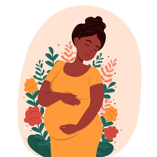 건강한 임신 아름다운 임신한 흑인 여성이 배를 안고 있습니다. 임신과 모성의 개념