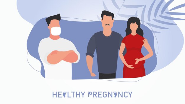 Healthy pregnancy banner A married couple came to the doctor Vector illustration