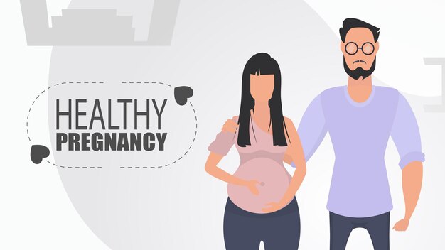 healthy pregnancy man and pregnant woman couple jet baby positive and conscious pregnancy cute illustration in flat style