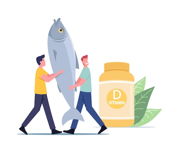 healthy products or food contain vitamin d, tiny male character carry huge fish in hands near bottle with vitamins