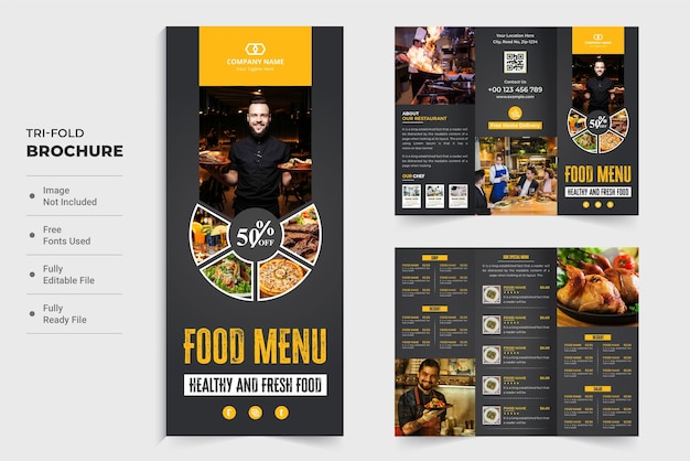 Healthy restaurant food menu leaflet and brochure template vector on a dark background Restaurant menu list tri fold brochure design with photo placeholders Creative culinary advertisement template