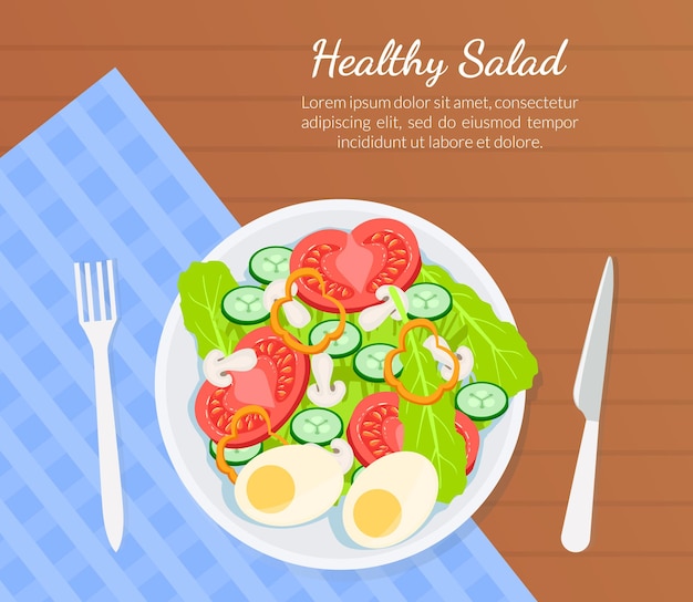 Healthy Salad Banner Template Top View of Delicious Organic Food on Wooden Surface Vector Illustration