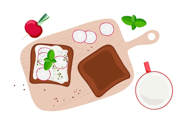 Vector healthy sandwich with cottage cheese basil and garden radish on cutting board ingredients