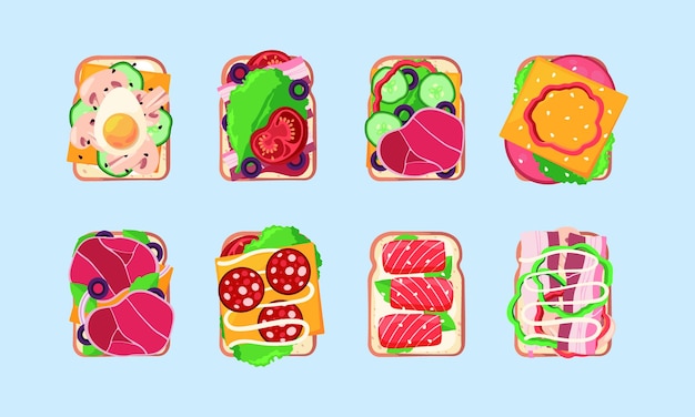 Healthy sandwiches Natural snacks with various food vegetables cheese tomato salad piece of breads garish vector flat pictures collection