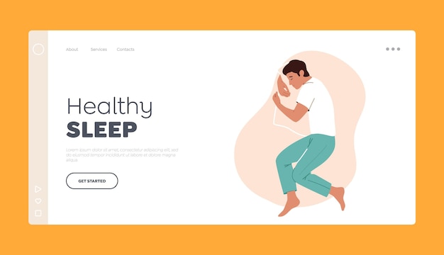 Healthy sleep landing page template dreamy male character sleeping in relaxed pose lying on bed and hugging pillow