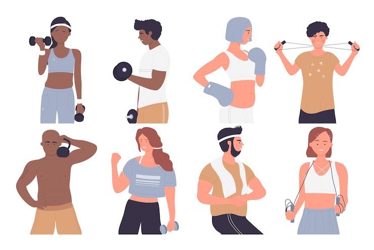 Vector healthy sport exercises of athlete people isolated set