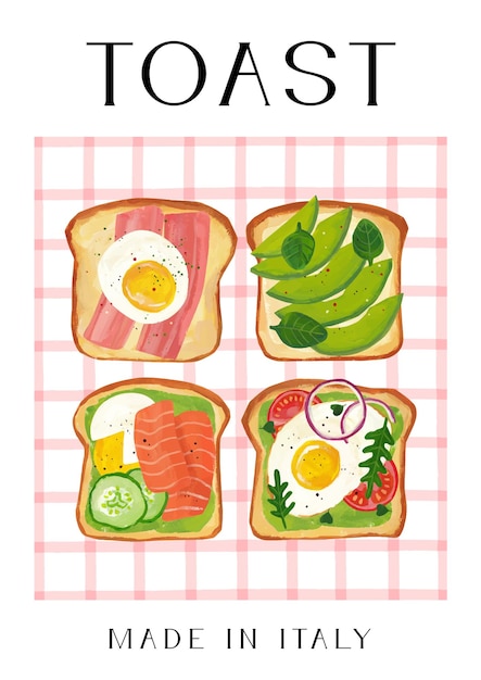 Vector healthy toasts set hand painted poster illustration isolated slices of toasted cereal bread