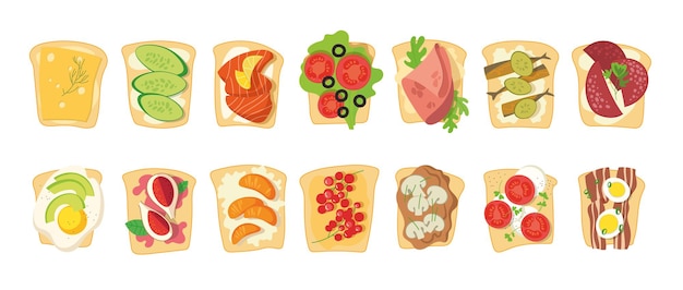 Healthy toasts with vegetables and fish cartoon illustration set. Slices of bread with salmon, tomato, eggs, mushrooms, avocado isolated on white background. Food, sandwich, breakfast concept