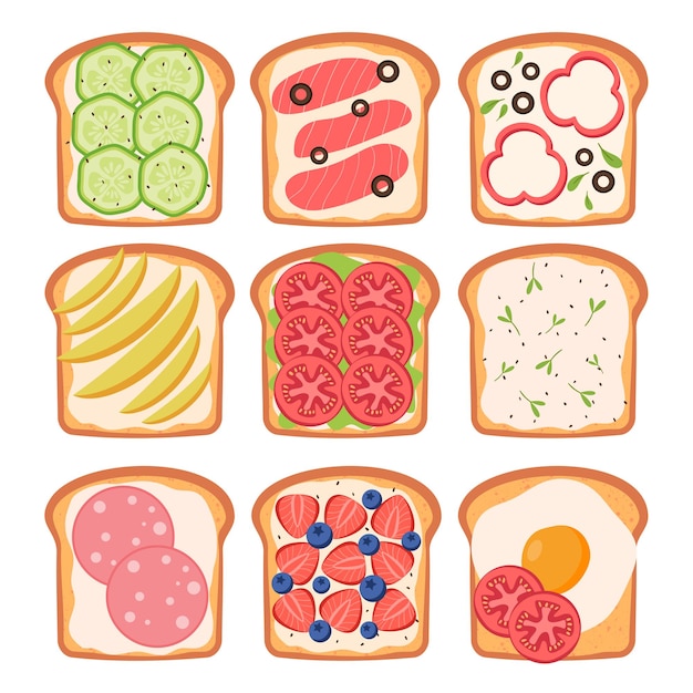 Healthy toasts with vegetables fruits and berries