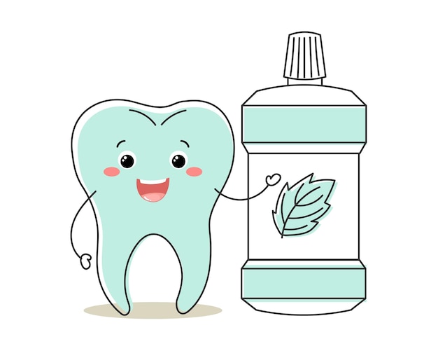 Healthy tooth kawaii character with tooth rinse cute cartoon character Dental care Illustration