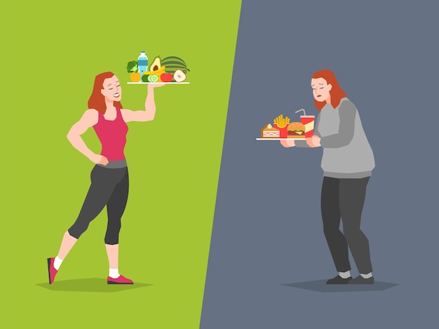 Scelta alimentare sana e malsana. fast food vs menu bilanciato confronto calorie, dieta femminile e alimentazione sana, scelta cattiva o buona, concetto vettoriale