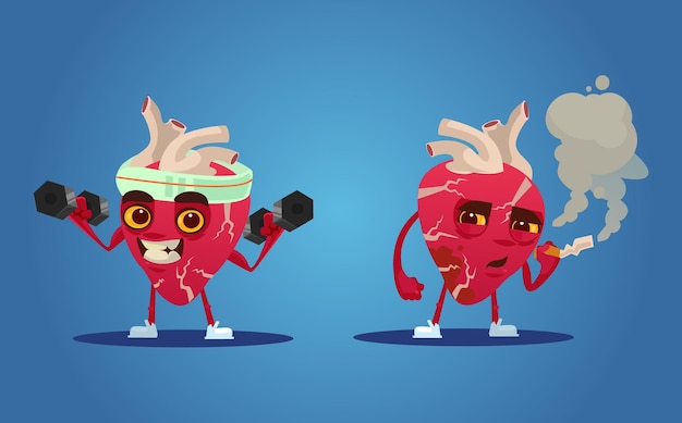 Vector healthy and unhealthy heart characters.   cartoon