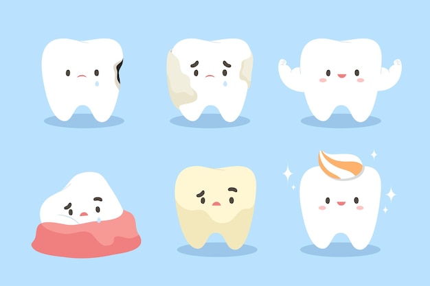 Healthy and unhealthy teeth illustration for kids dental clinic decoration education flat vector