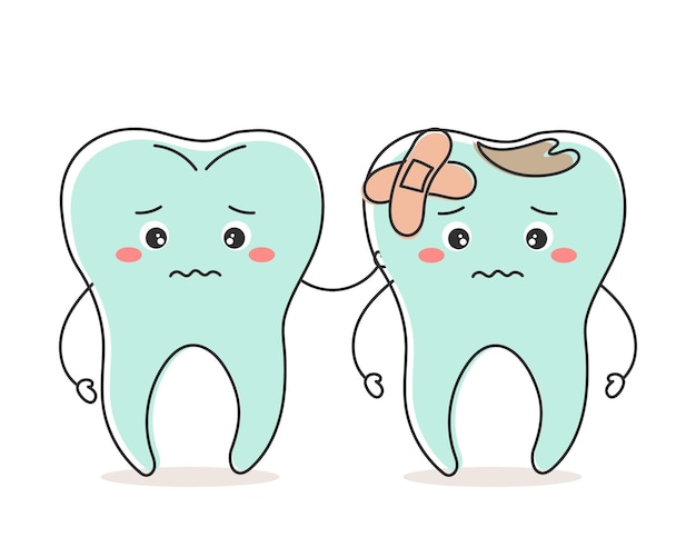 Healthy and unhealthy teeth kawaii characters cute cartoon characters Dental care Illustration