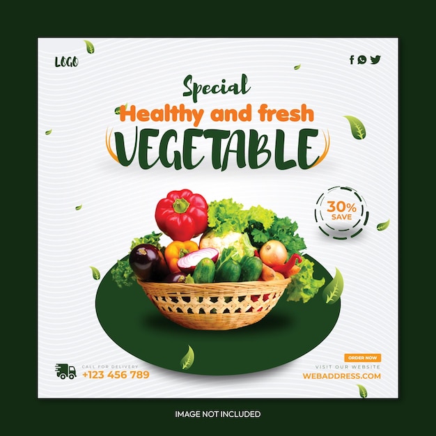 벡터 건강한 야채와 과일 식료품 배달 프로모션 배너 instagram 소셜 미디어 포스트 템플릿
