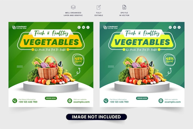 ソーシャル メディア マーケティングの健康野菜テンプレート デザイン ベジタリアン フード プロモーション web バナー ベクトル写真プレース ホルダーと緑と黄色の新鮮な野菜の広告ポスター