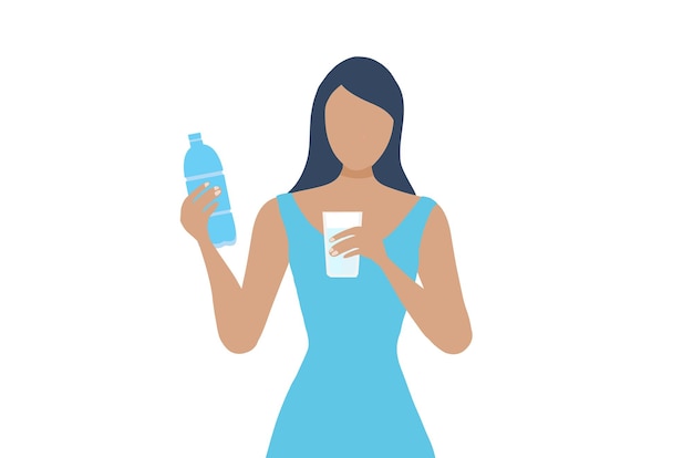 Vettore illustrazione vettoriale di una donna sana che beve acqua da una bottiglia di plastica concetto di stile di vita sano